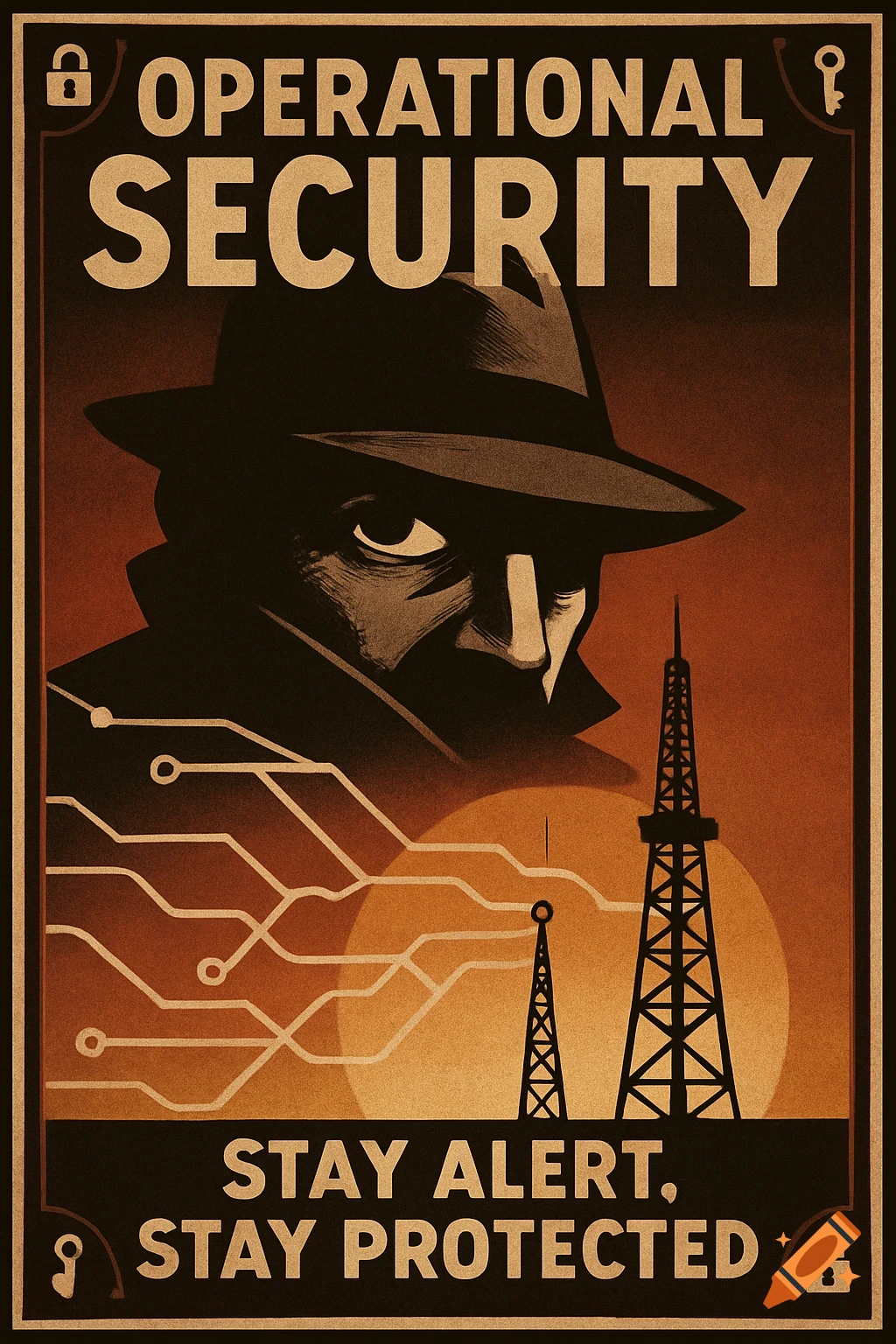 Vintage-style 'Operational Security' poster featuring a shadowed spy figure, transmission towers, and circuit lines on a sepia background.