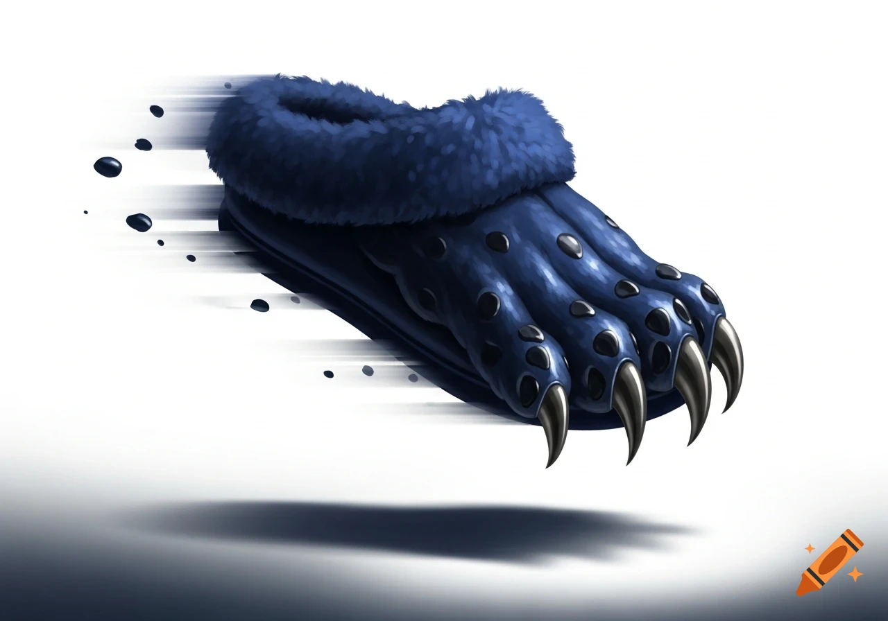 A dark blue, furry slipper with sharp panther claws, floating with motion blur on a white background.