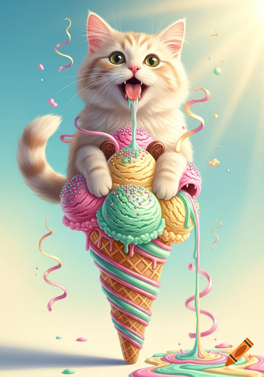 A cute, fluffy orange and white cat happily licks a huge, melting ice cream cone with colorful scoops and sprinkles in a vibrant cartoon style.