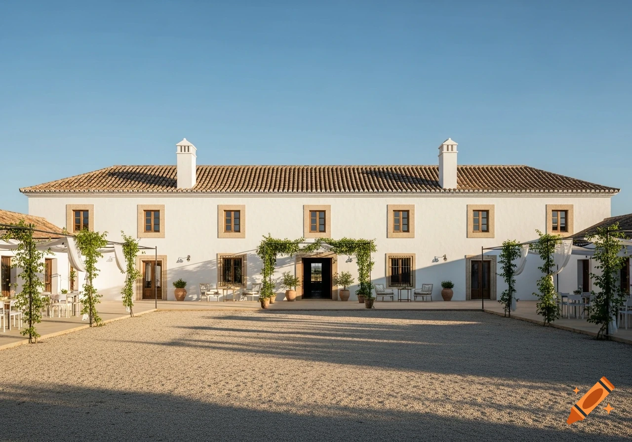 A large, white, traditional Spanish farmhouse with a tiled roof, small wooden windows, and two side wings, set around a gravel courtyard with pergolas and potted plants under a clear blue sky.