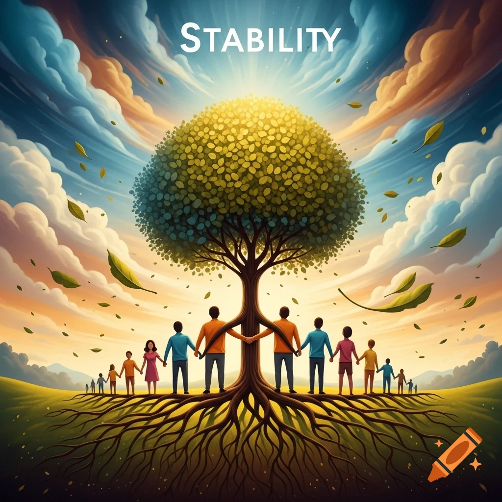 Stylized illustration of people holding hands around a large tree with roots, under a vibrant sky, with the word STABILITY.