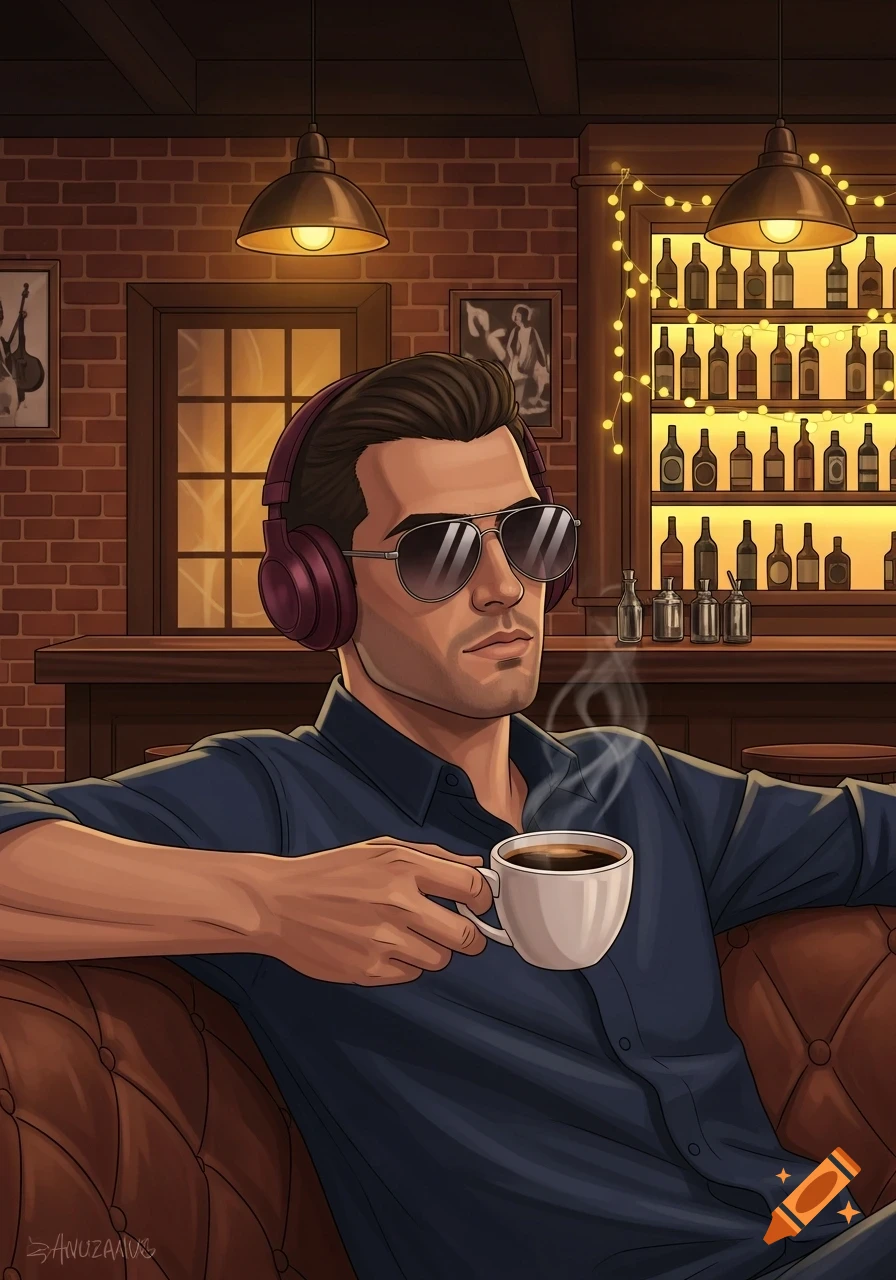 Illustration of a man with headphones and sunglasses sitting in a dimly lit bar, holding a cup of coffee.