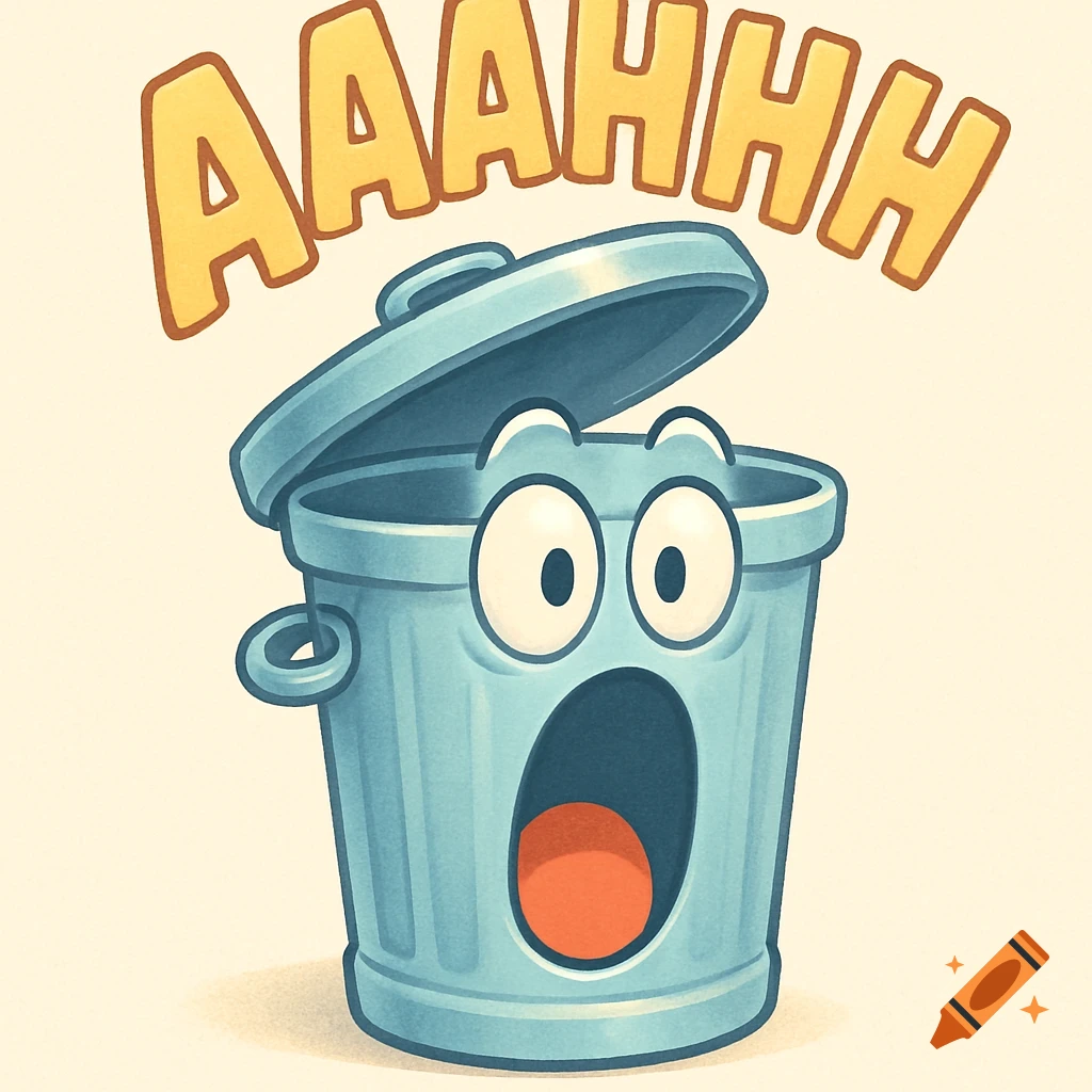 Cartoon blue trash can with a wide open mouth and bulging eyes, looking surprised, with the word 'AAAHHH' floating above it.