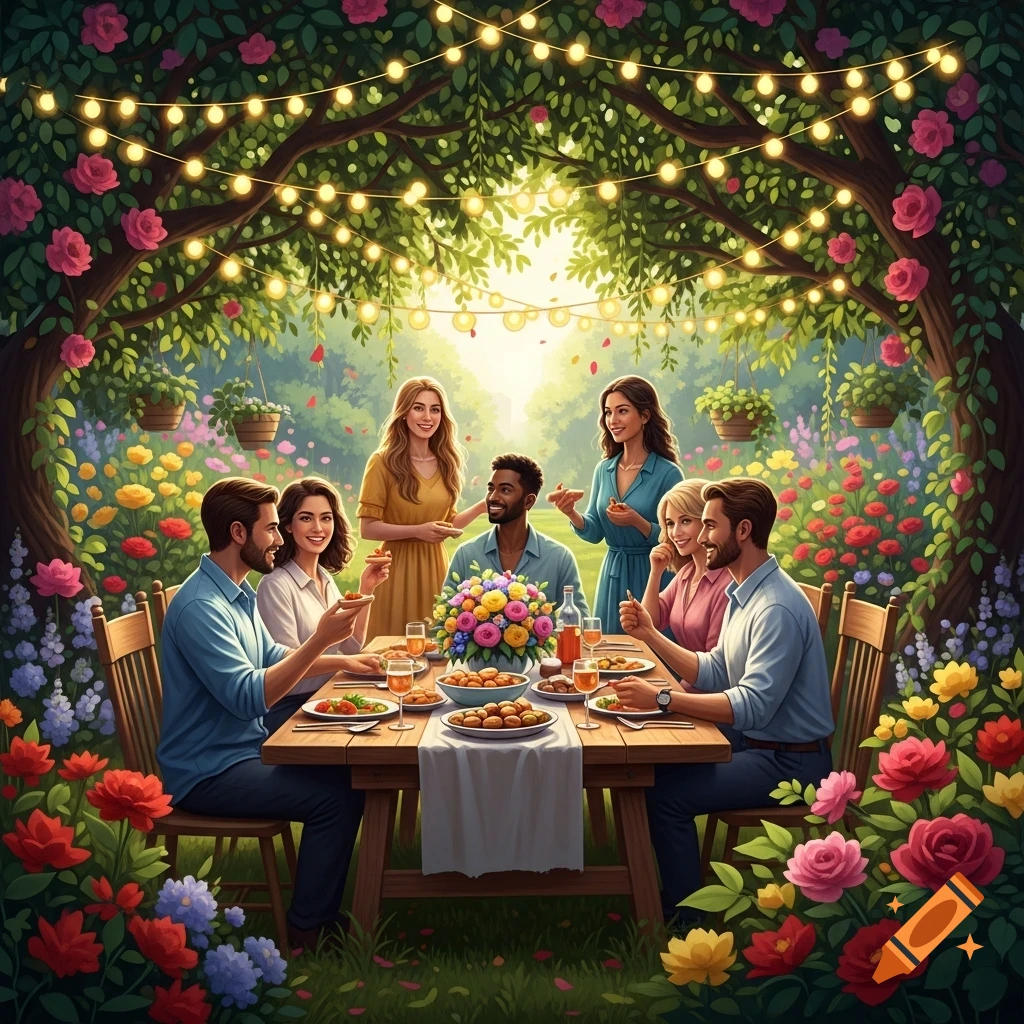 Six friends enjoy an outdoor summer garden party with food, drinks, and string lights, surrounded by vibrant flowers.