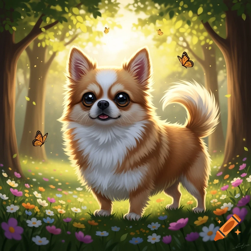 A cute, fluffy brown and white dog stands in a sunny, flower-filled forest with butterflies, stylized.