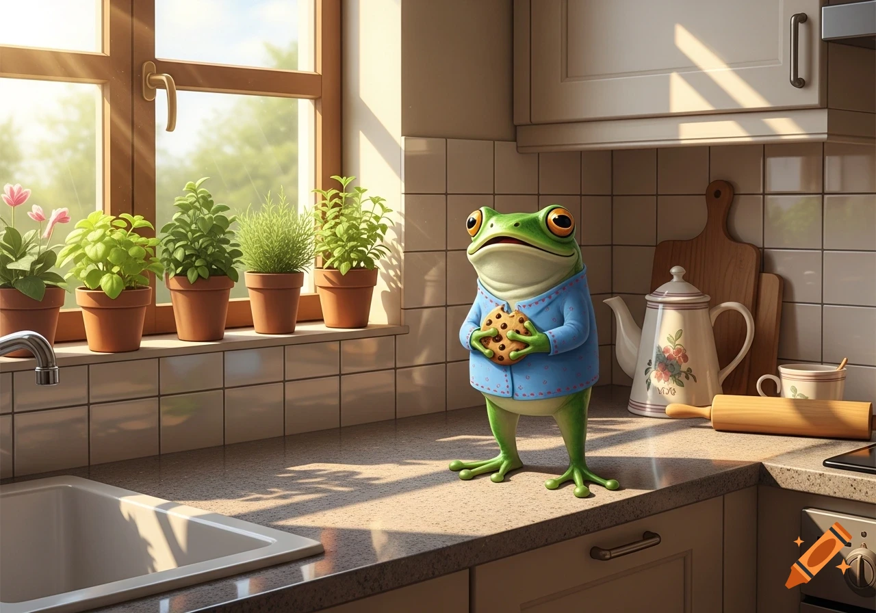A cartoon frog wearing a blue shirt holds a cookie, standing on a sunlit kitchen counter with potted plants by a window.