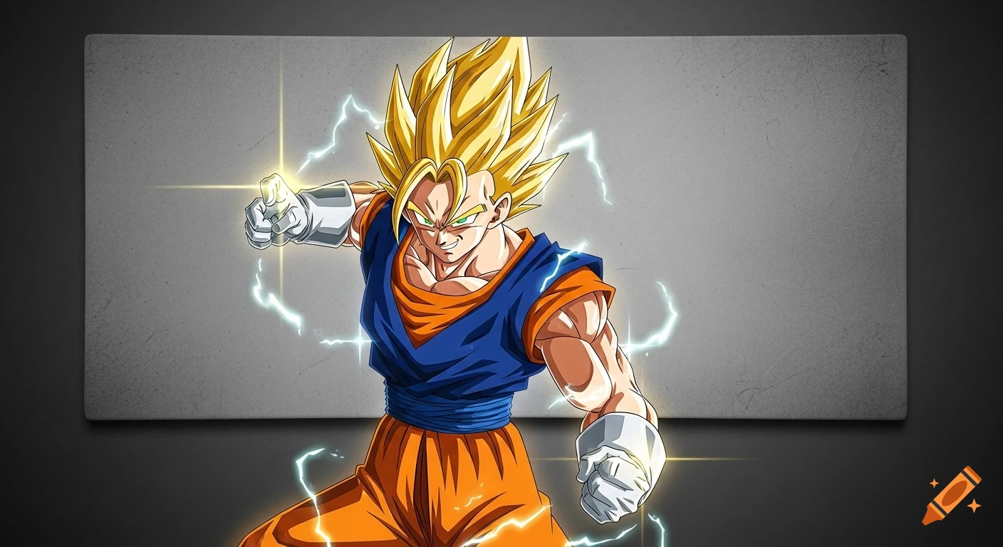 Vegito, a Super Saiyan with golden hair, a blue shirt, and orange vest, strikes a battle pose with lightning against a grey background in anime style.