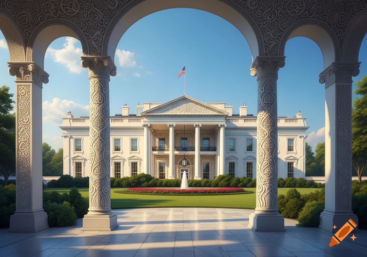 The White House viewed through a foreground of decorative arched columns, with a green lawn, red flowers, and a fountain, under a clear blue sky.