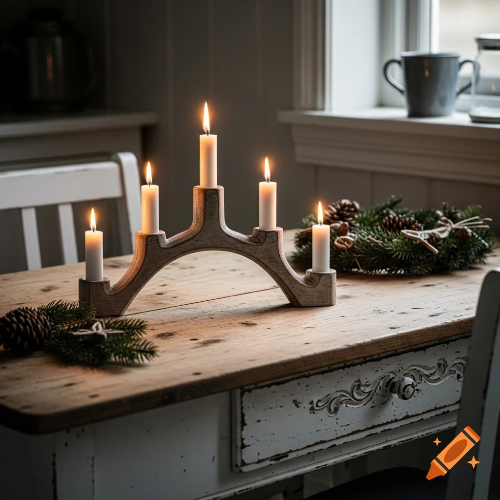 A rustic wooden Advent candlestick with five lit white candles on a distressed kitchen table with pine branches.