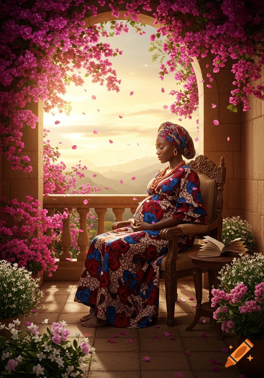 A serene pregnant African woman sits on a flower-filled balcony, gazing at a sunset over mountains.