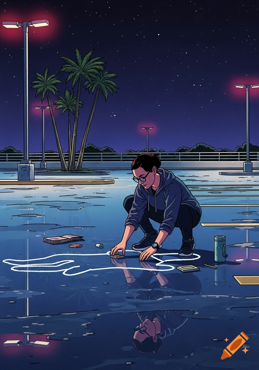 A stylized illustration of a person crouching over a chalk body outline in a wet, dark parking lot with palm trees.