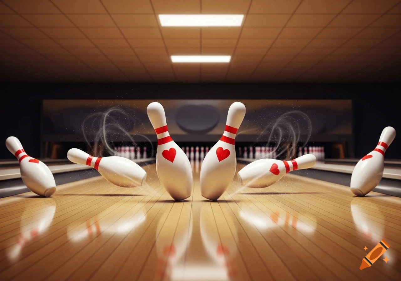 Several white bowling pins with red hearts are falling on a shiny wooden bowling alley lane, with two pins still upright in the center. Photorealistic.