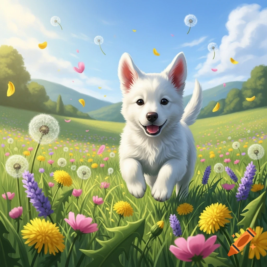 A happy white puppy runs through a colorful spring field with dandelions and petals under a blue sky.