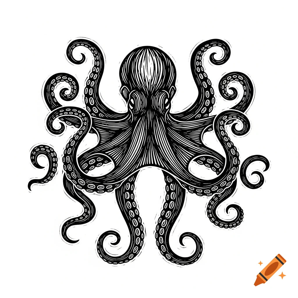 Monochrome linocut print of an octopus with spread tentacles, frontal view, on a white background.