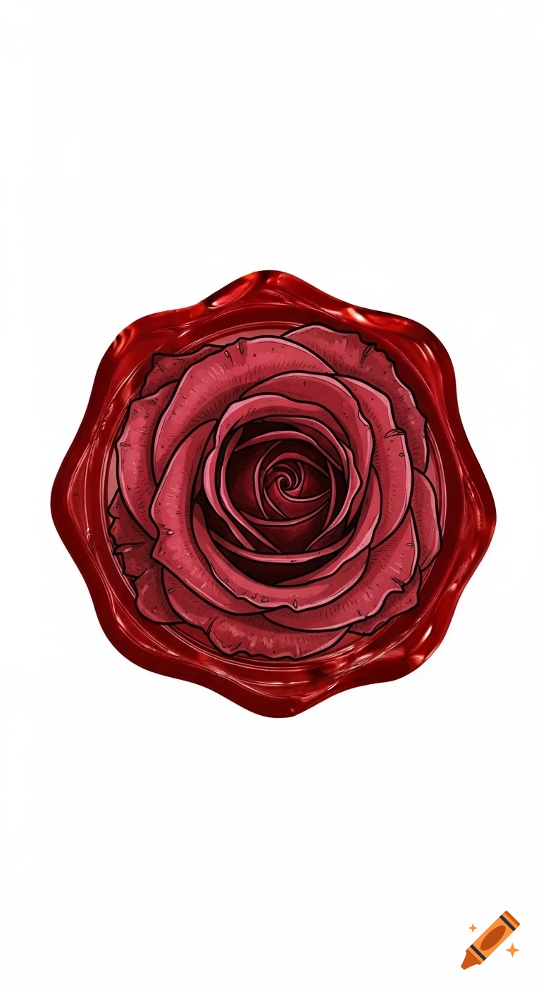 An intricately detailed red wax seal with a deep crimson rose embossed in the center, on a white background, in an illustrative style.