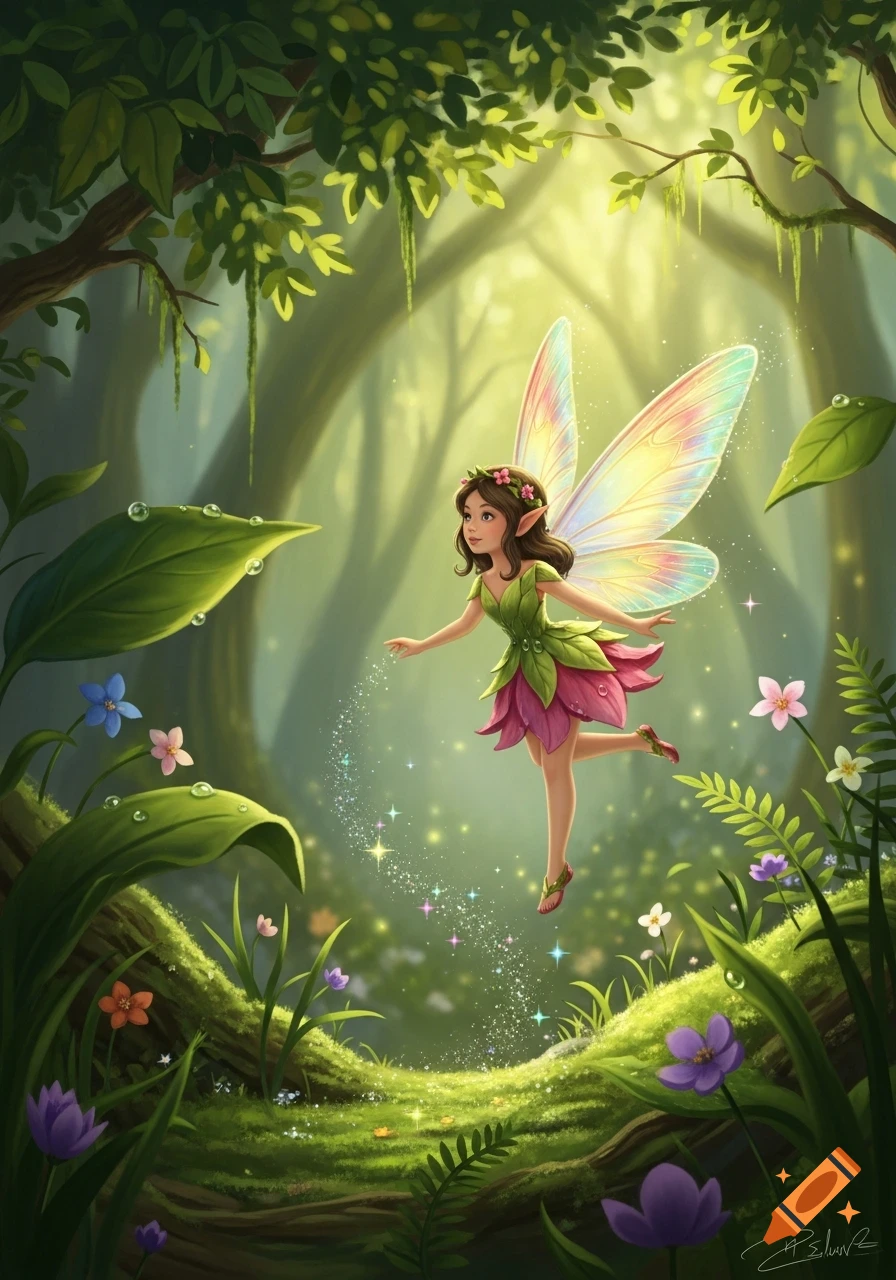 A small fairy with iridescent wings and a green leaf dress floats in a sunlit, vibrant green forest with glowing sparkles.