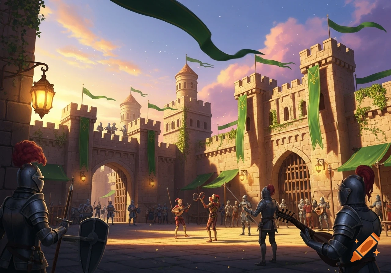 A detailed illustration of a bustling medieval castle courtyard at sunset, with knights, jesters, and musicians.