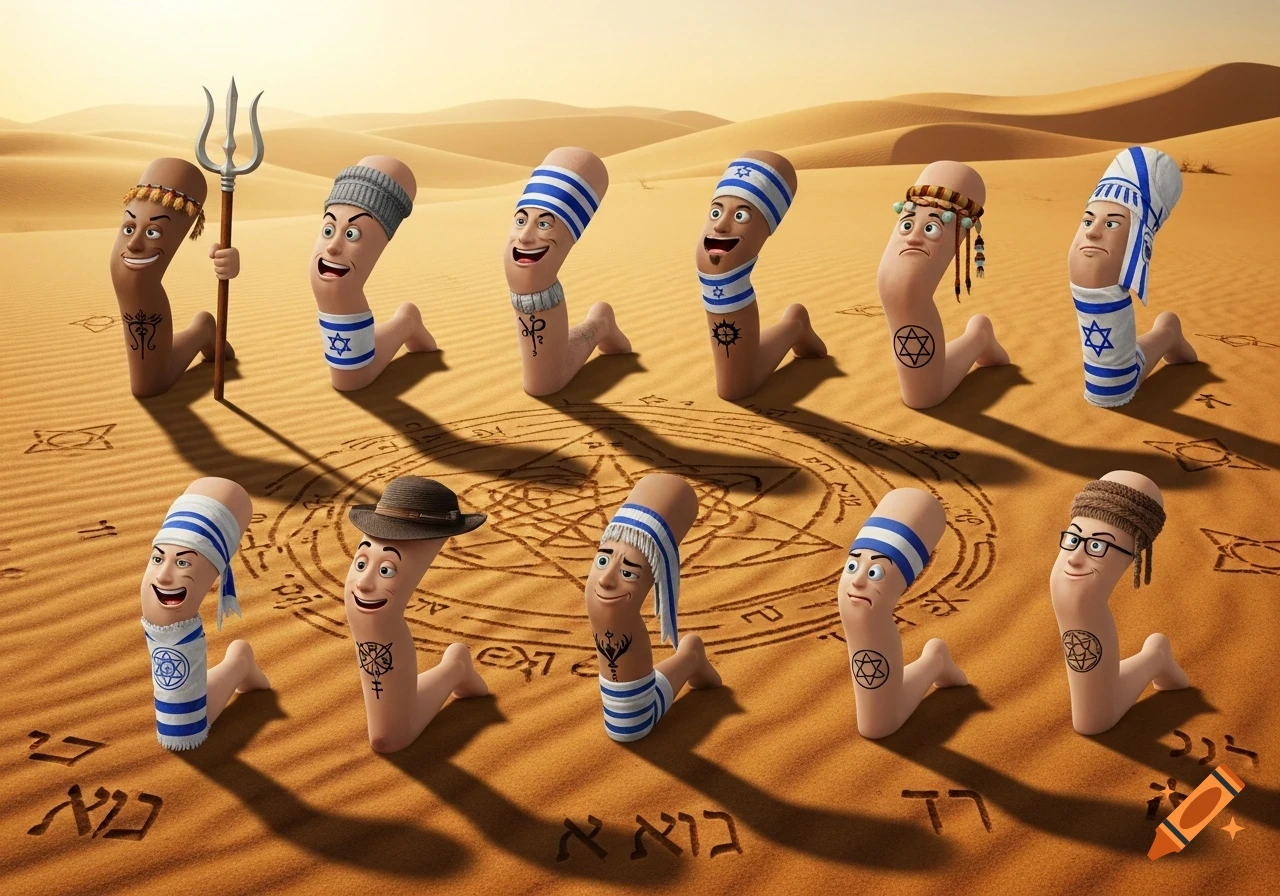 Cartoon characters shaped like human knees, some with Star of David armbands and other symbols, kneel in a desert with Hebrew letters drawn in the sand.