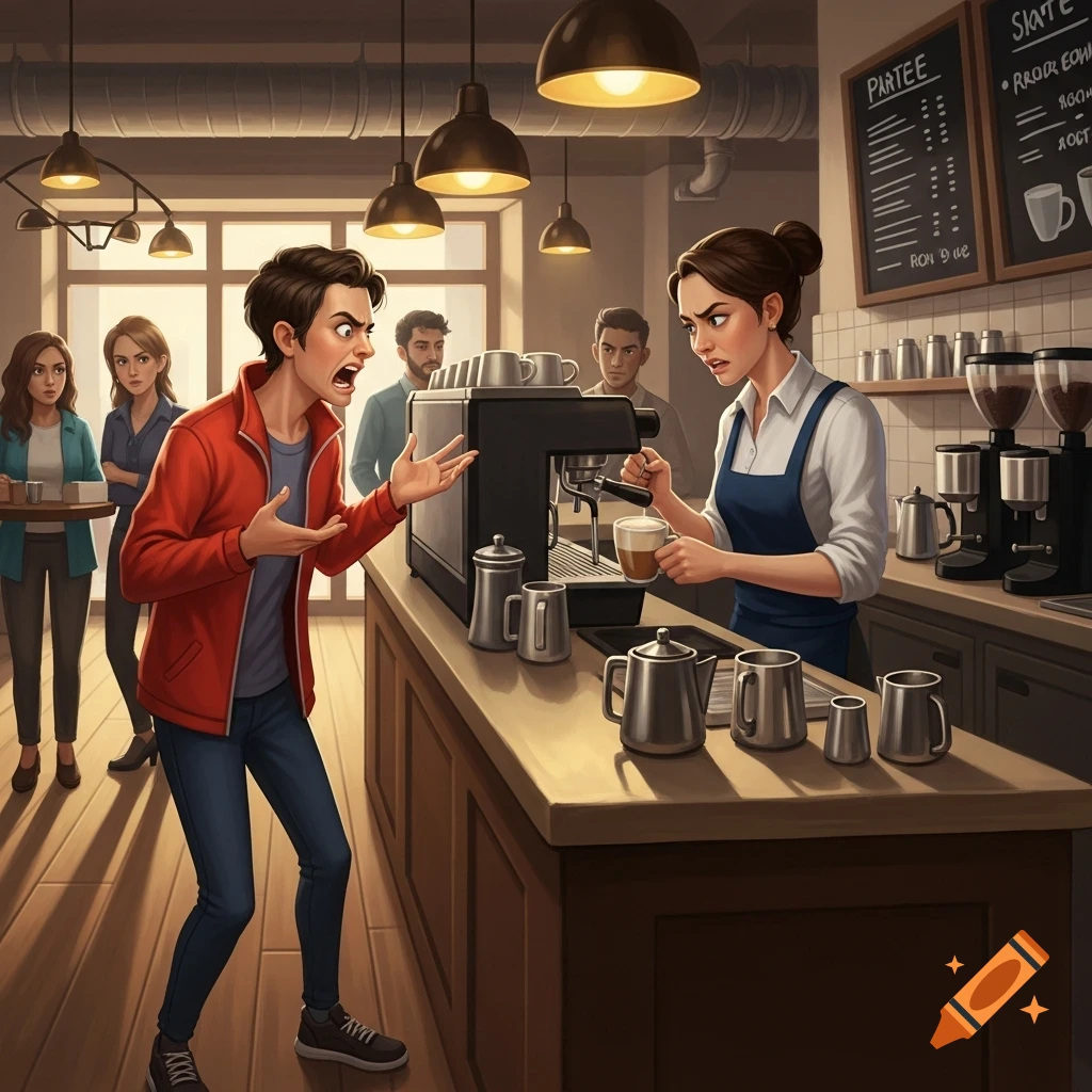 An angry customer in a red jacket yells at a barista making coffee in a bustling coffee shop, while other customers watch.