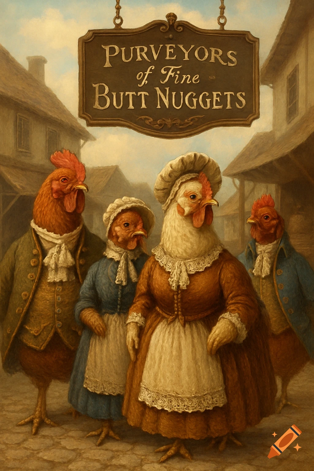 A painterly image of anthropomorphic chickens in colonial clothing ...