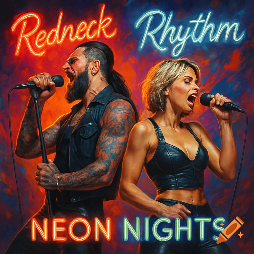 Male and female rockers singing into microphones, with neon signs 'Redneck Rhythm' and 'NEON NIGHTS' glowing on a dark background.