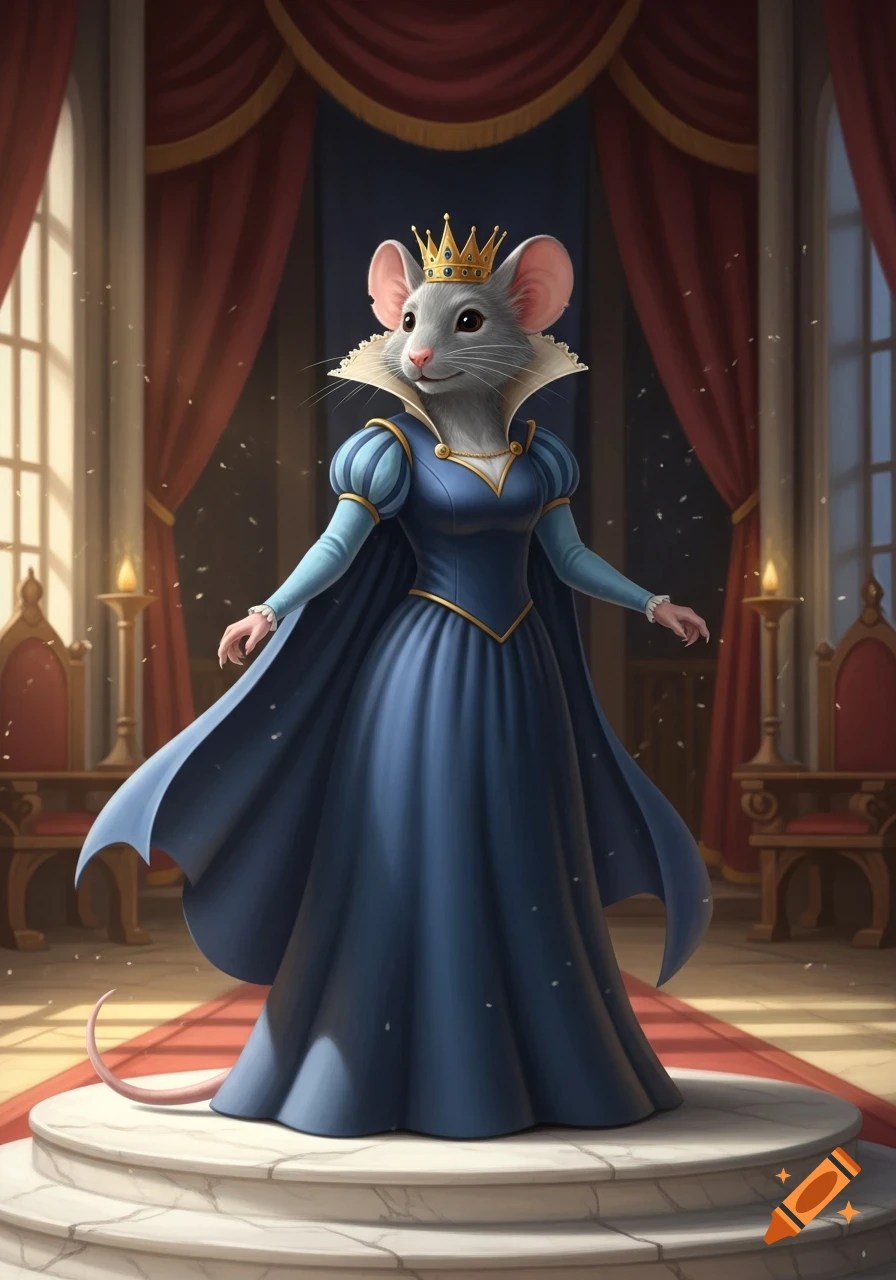 An anthropomorphic gray mouse queen in a dark blue gown with light blue sleeves, a raised collar, and a gold crown stands in a grand palace hall.