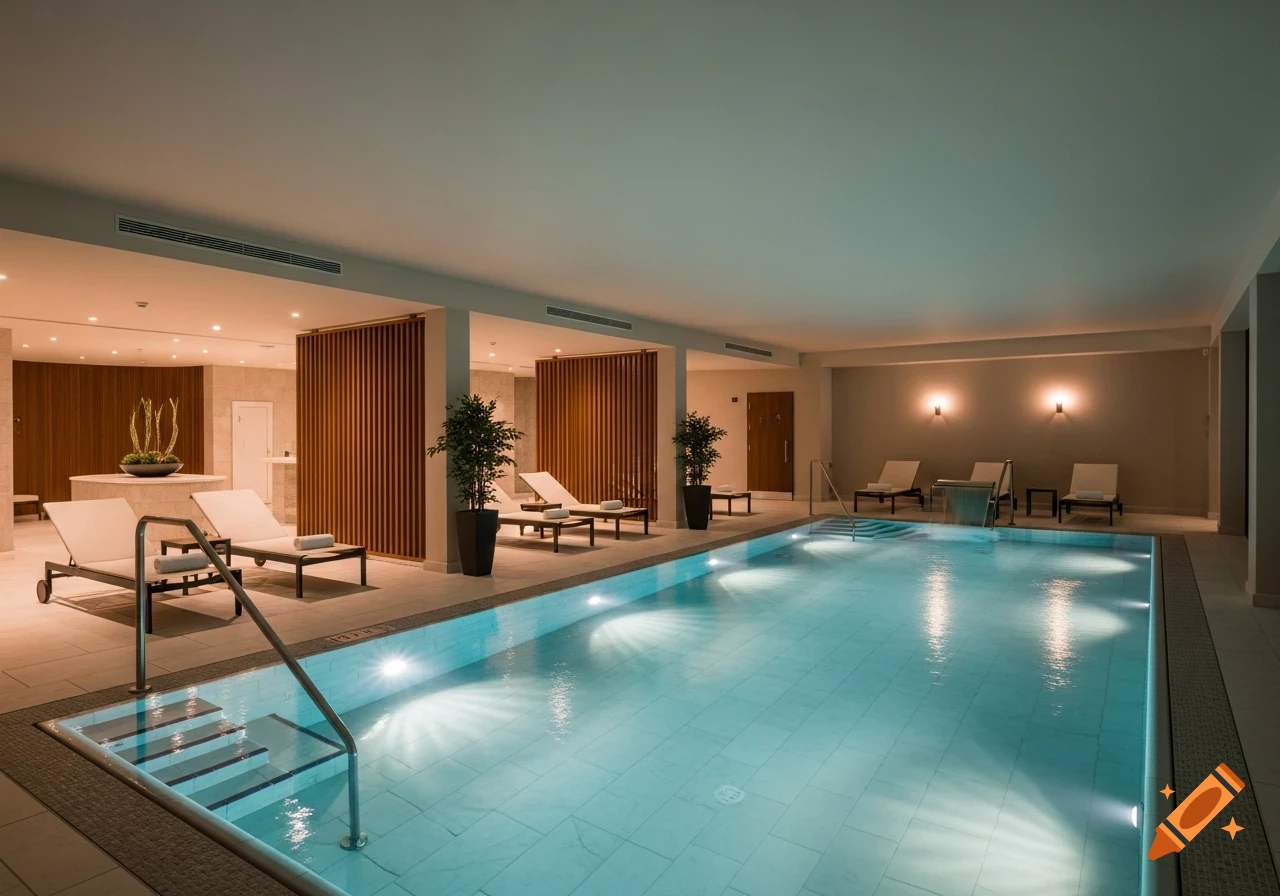 Luxurious indoor spa with an illuminated swimming pool, lounge chairs, and indirect warm lighting. Photorealistic style.