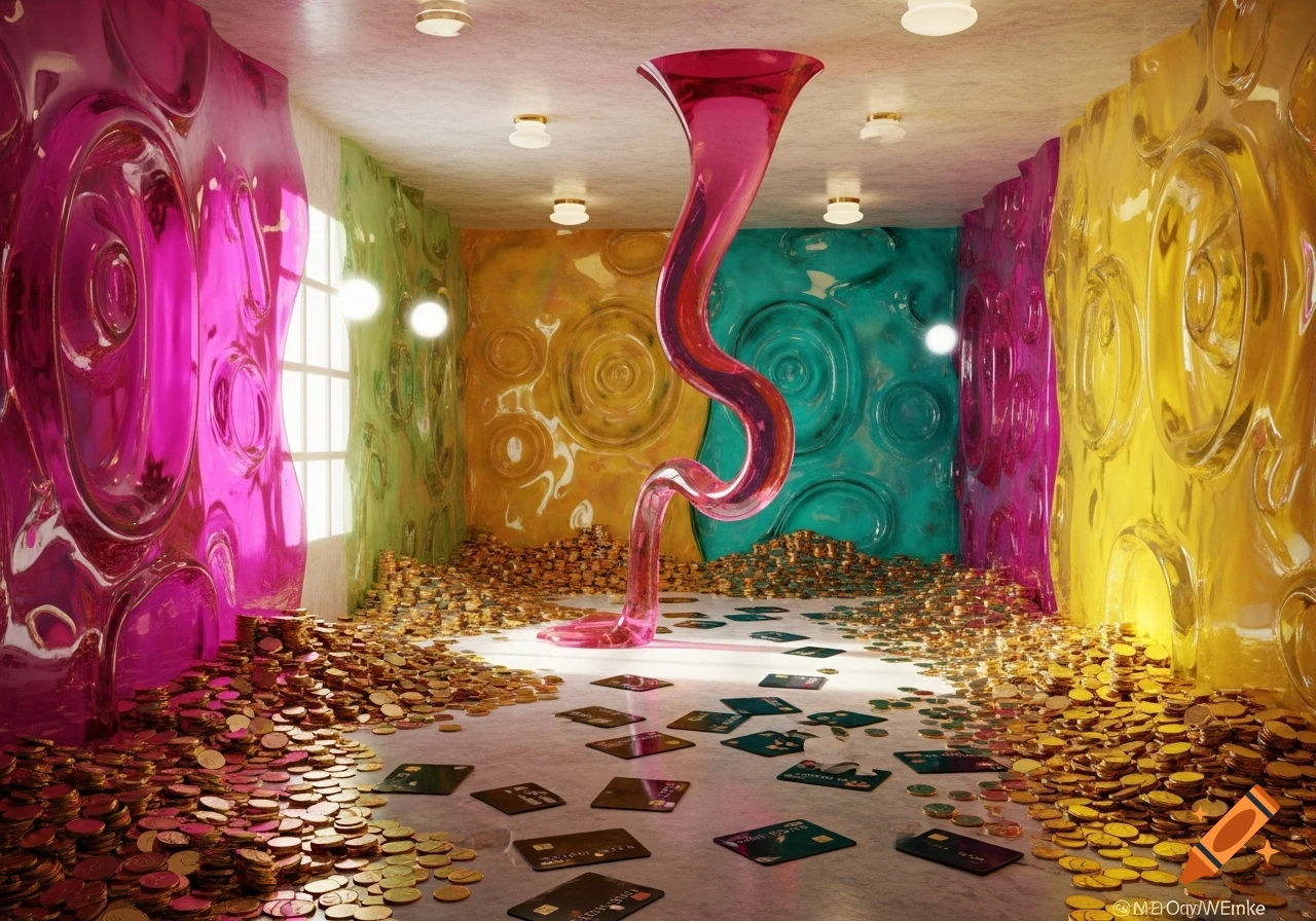 A vibrant, dreamlike room with textured gelatin-like walls in pink, green, yellow, and teal. A large, twisting pink horn-like structure emerges from the floor, surrounded by piles of gold coins and scattered credit cards.