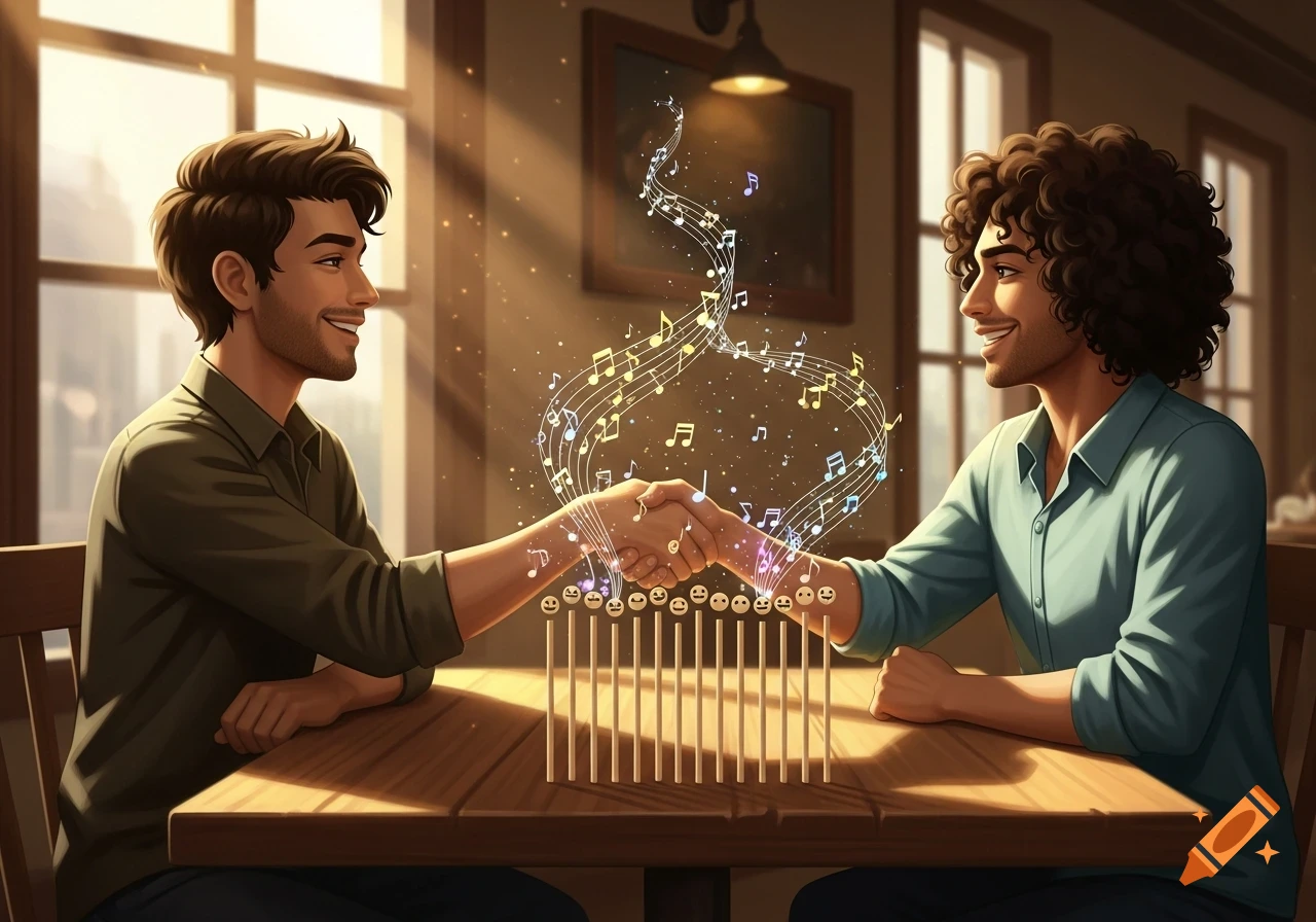 Two smiling men shake hands over a table with musical notes and emoji-faced sticks, in a sunlit cafe.