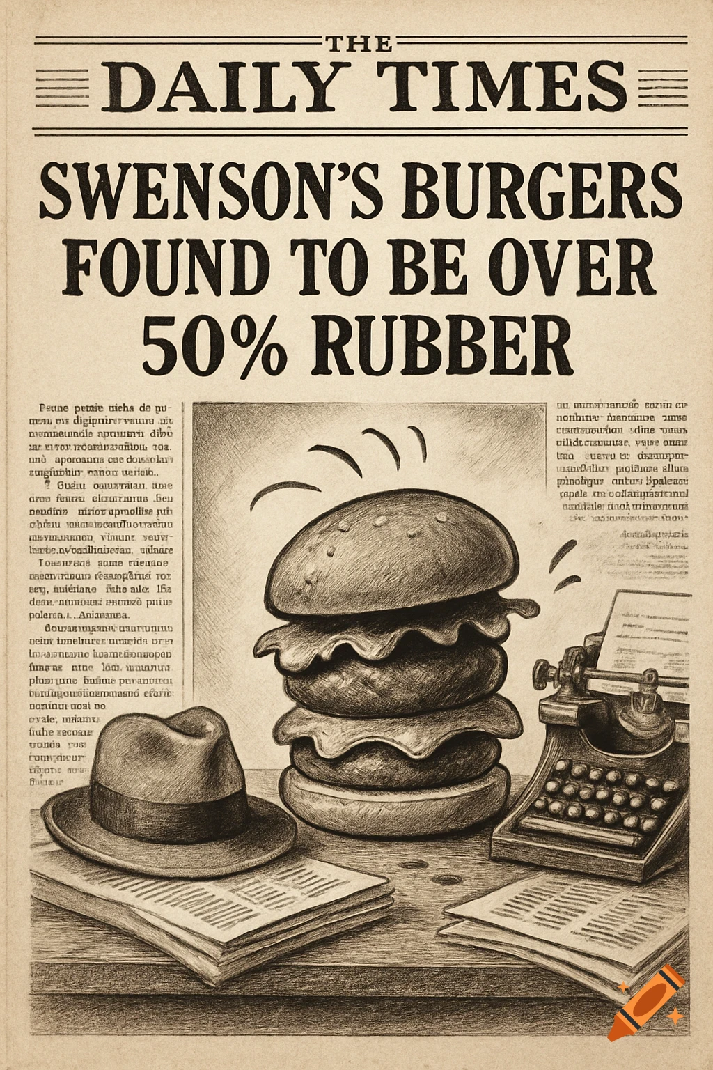 An old newspaper front page in a drawing style, with a headline reading "SWENSON'S BURGERS FOUND TO BE OVER 50% RUBBER". Below is an illustration of a tall burger, a fedora, and a typewriter.