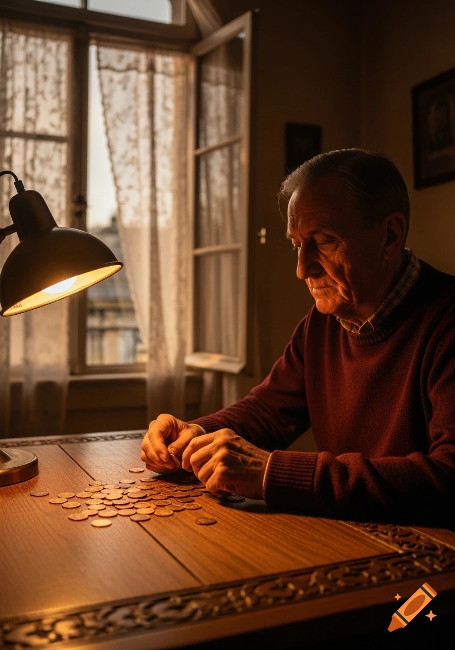 An older man under a desk lamp sorting a pile of pennies on a wooden table, with a window in the background.