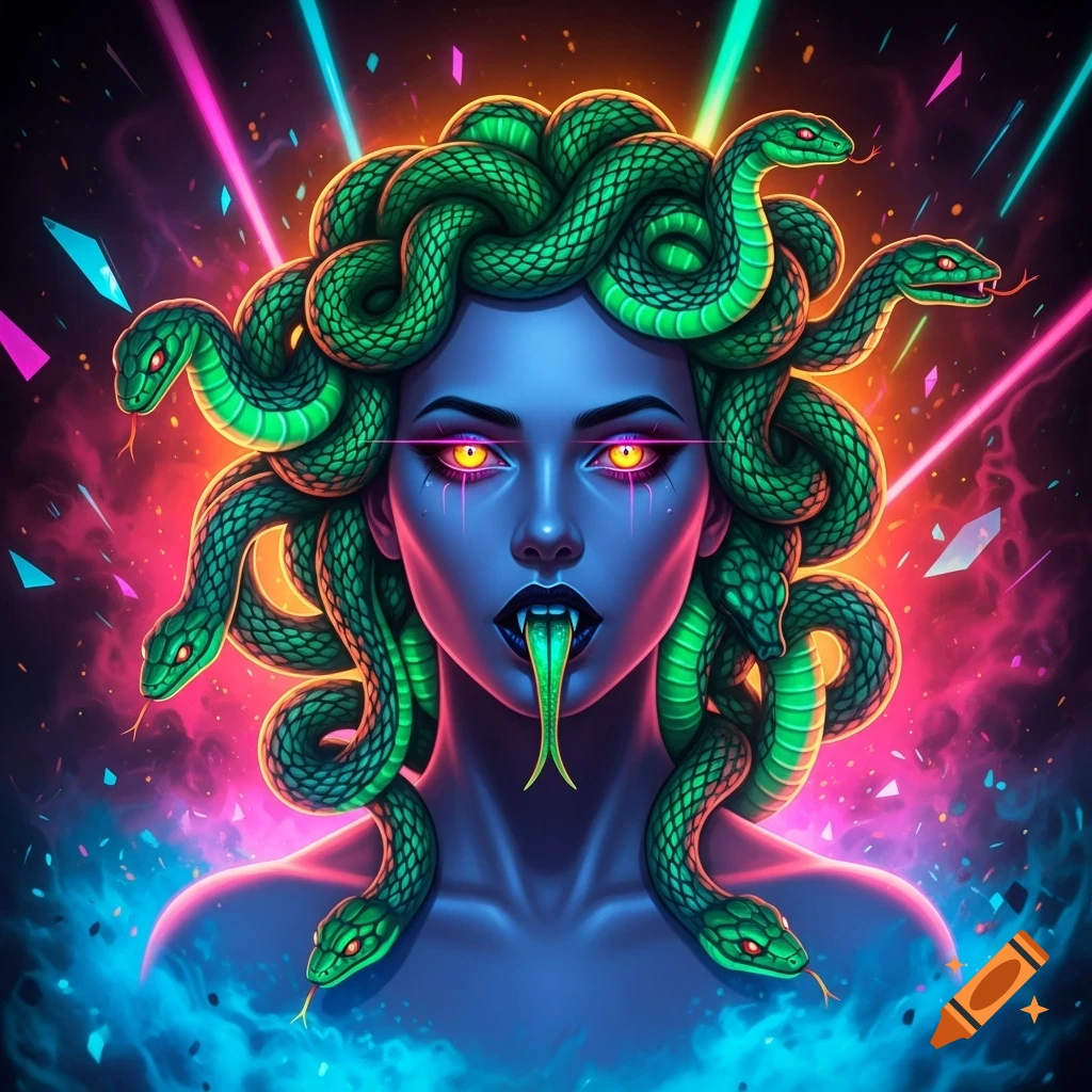 Neon art portrait of Medusa with blue skin, glowing eyes, green snake hair, and a forked tongue, against a vibrant background.
