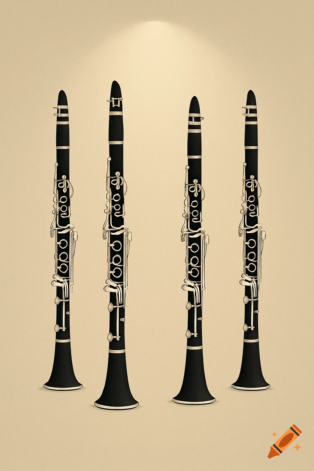 Four black clarinets with silver keys stand upright against a warm beige background in a minimalist poster style.