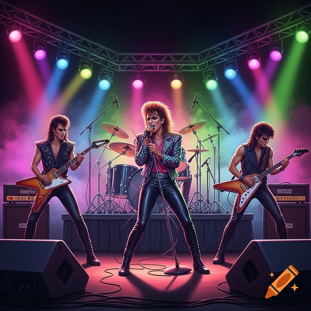 A vibrant 80s rock band performs on stage under colorful spotlights, with a lead singer and two guitarists.