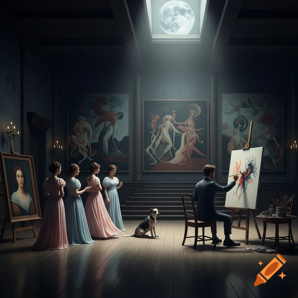 An artist paints in a dimly lit grand room, with four women in elegant dresses and a dog observing under moonlight.