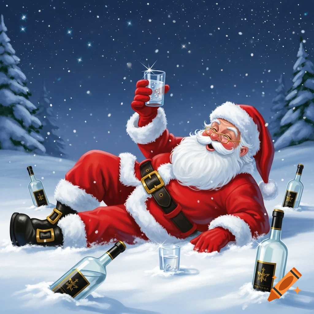 Jovial Santa Claus lies in a snowy field at night, holding a drink and surrounded by empty liquor bottles, illustrated.