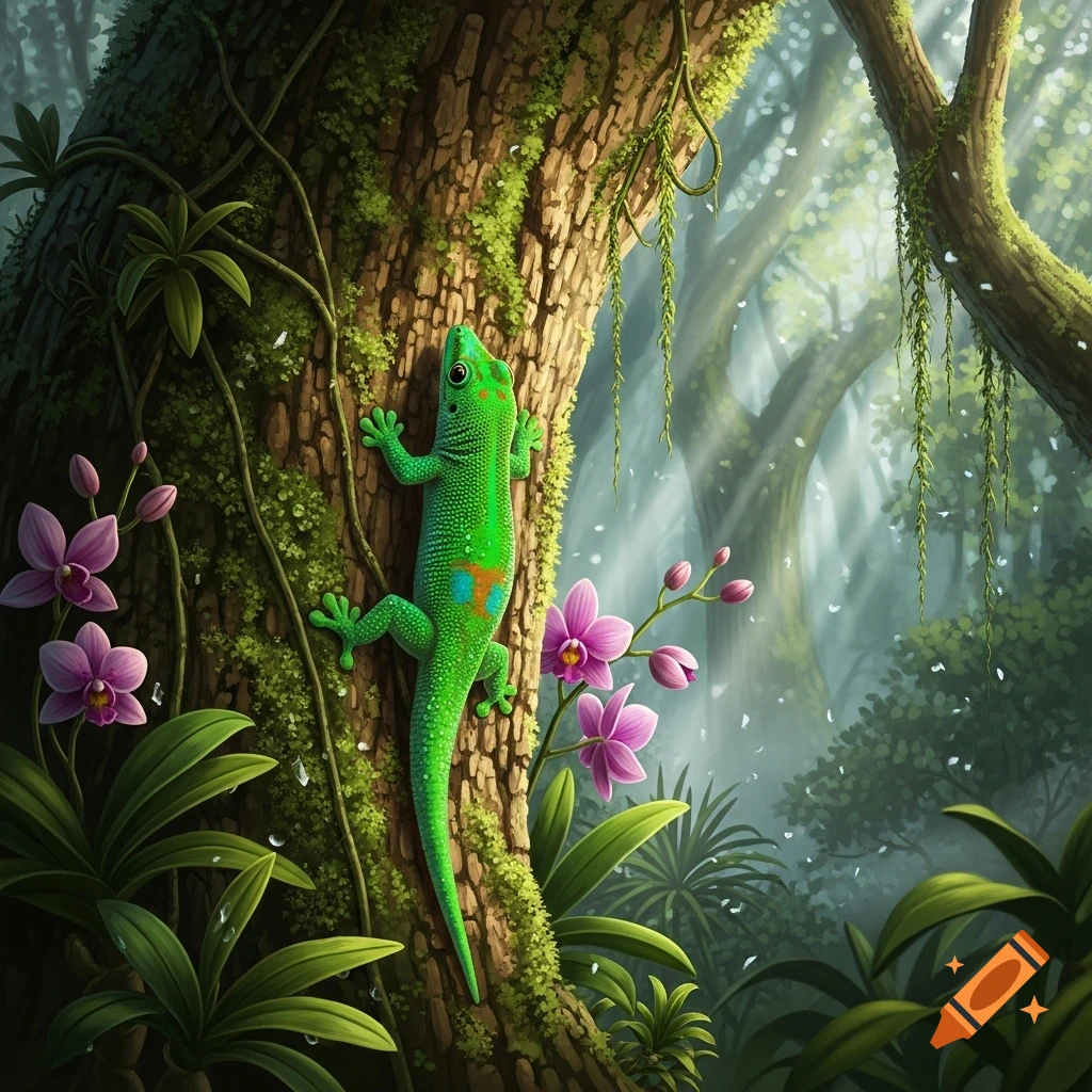 A vibrant green gecko with orange and blue spots climbs a mossy tree trunk in a lush, sun-dappled forest with purple orchids.