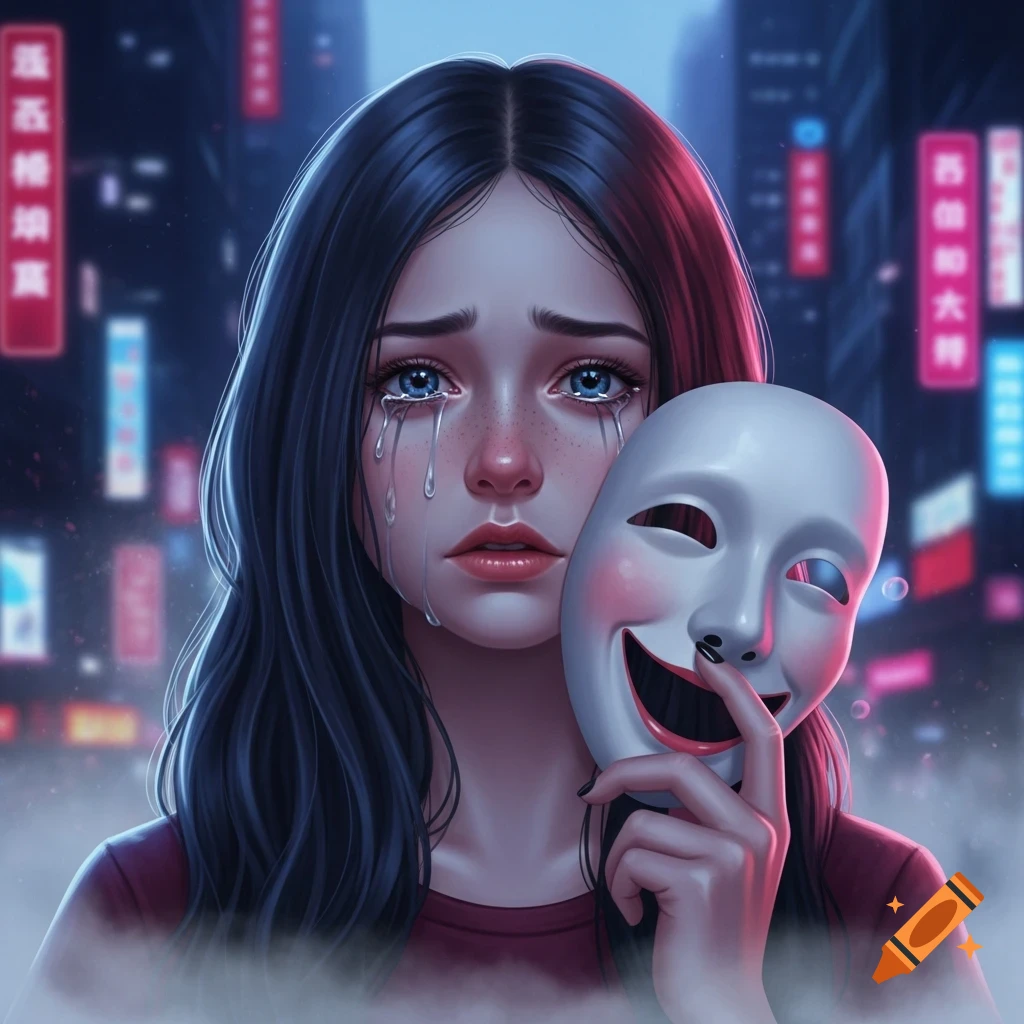 Stylized digital art of a crying girl with long dark hair, holding a smiling white mask, against a blurred neon-lit city background.