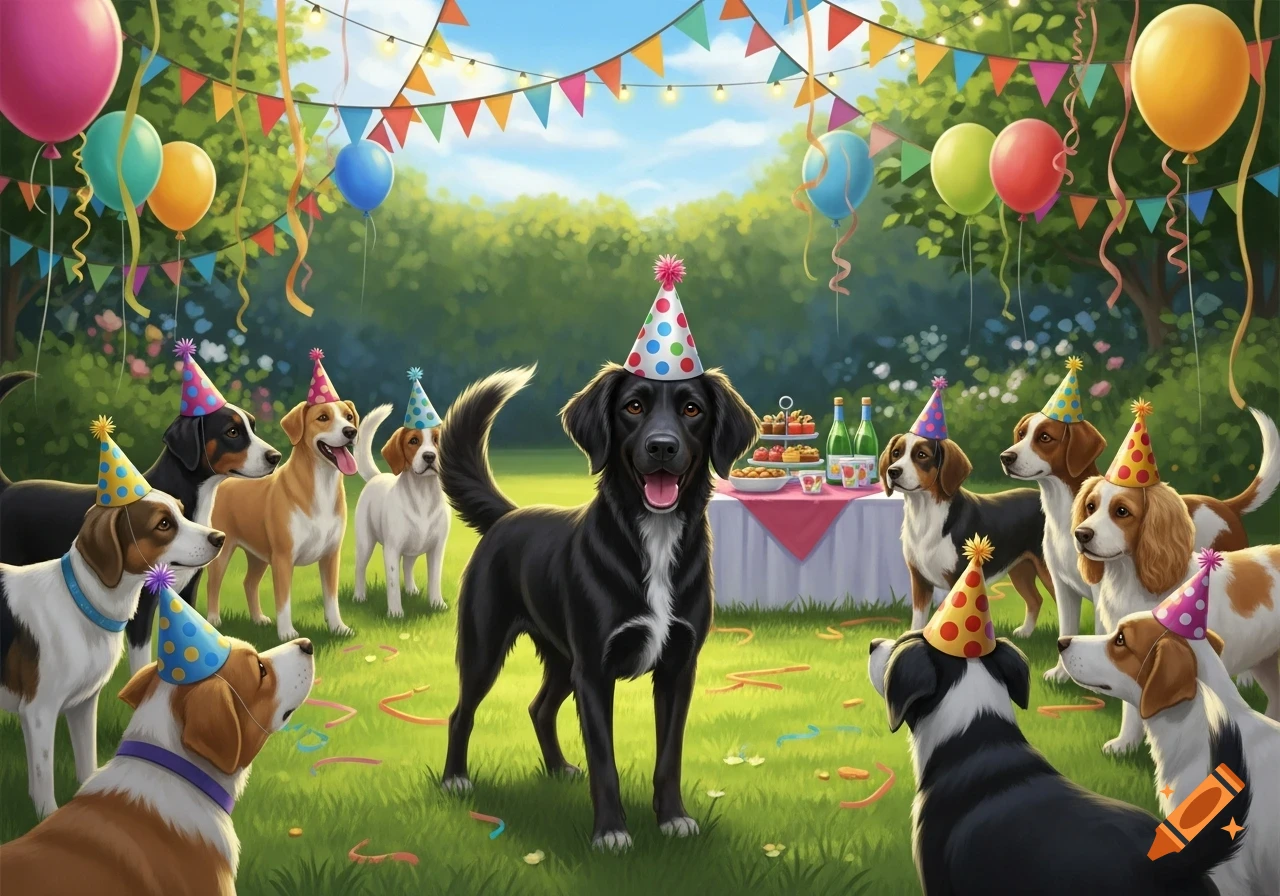 A group of dogs in party hats celebrate a birthday outdoors with ...