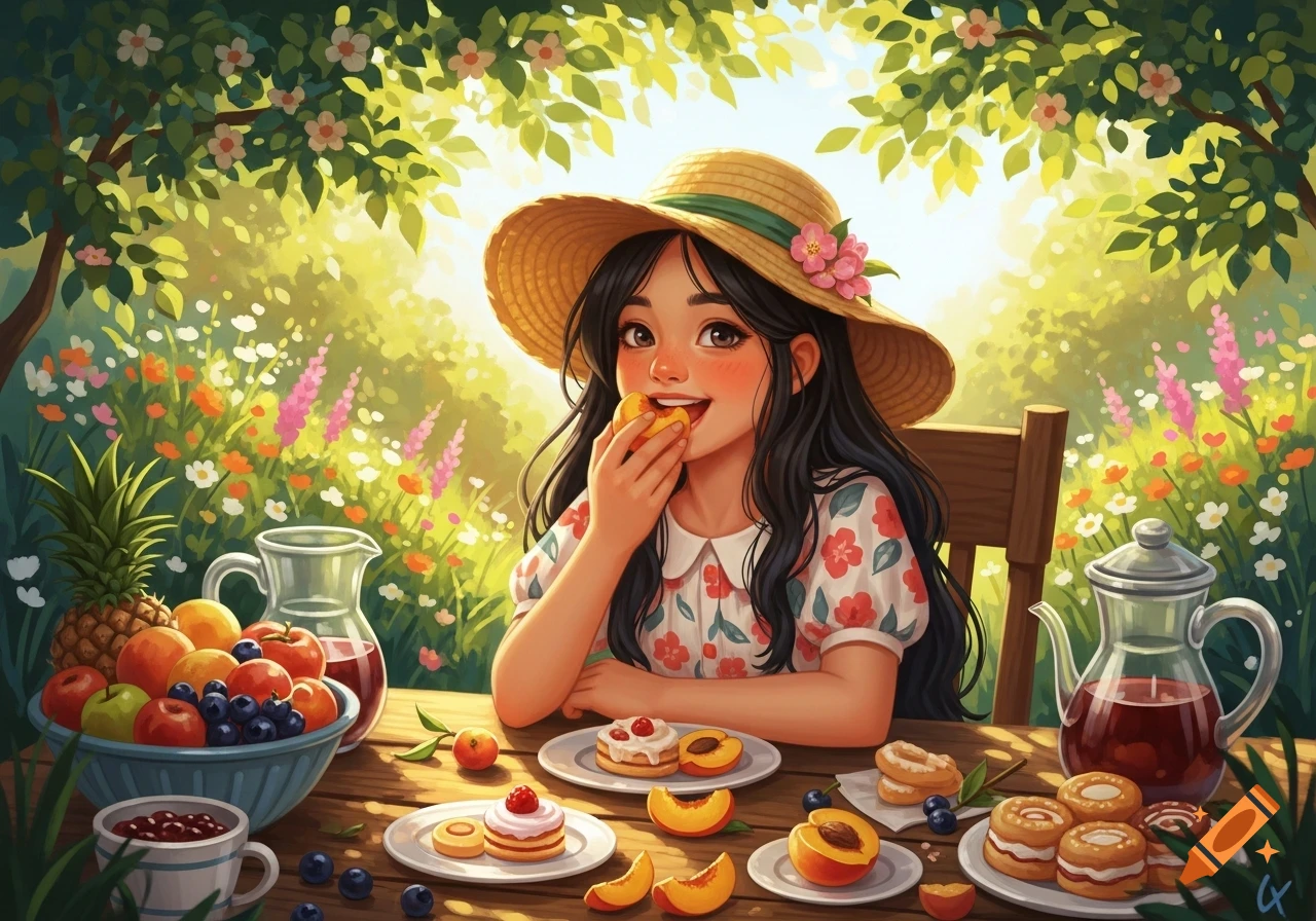 A happy cartoon girl in a straw hat eats a peach at an outdoor table laden with various fruits and pastries in a sunny garden.