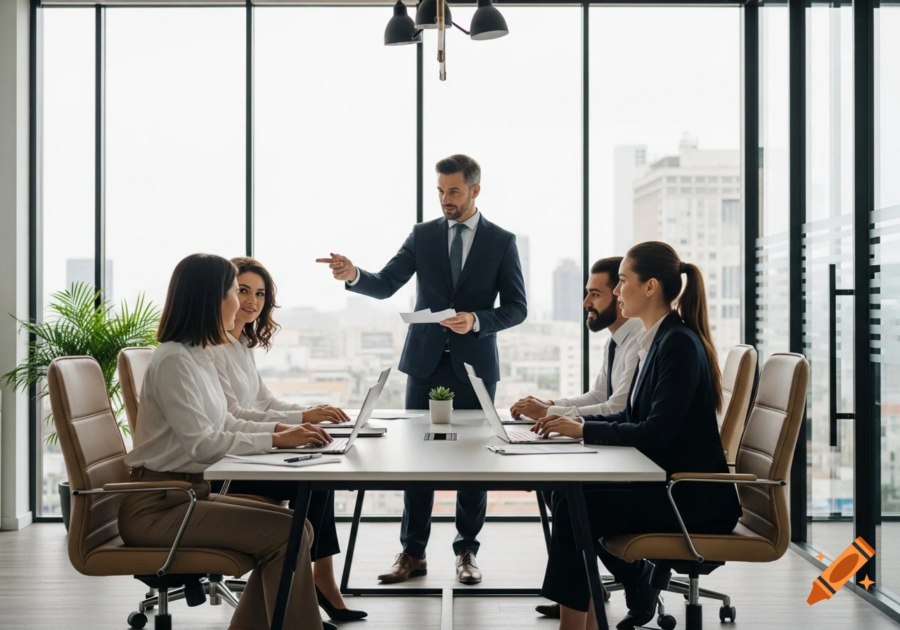 A photorealistic image of a business meeting in a modern office with large windows overlooking a city. A manager stands and points while team members sit at a conference table with laptops.