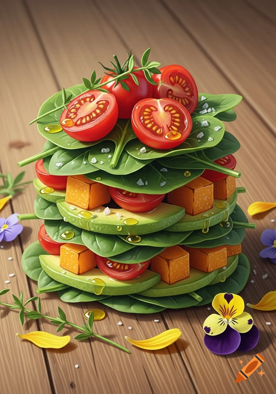 A vertical stack of fresh spinach, sliced tomatoes, avocado, and orange cubes, drizzled with oil on a wooden table.