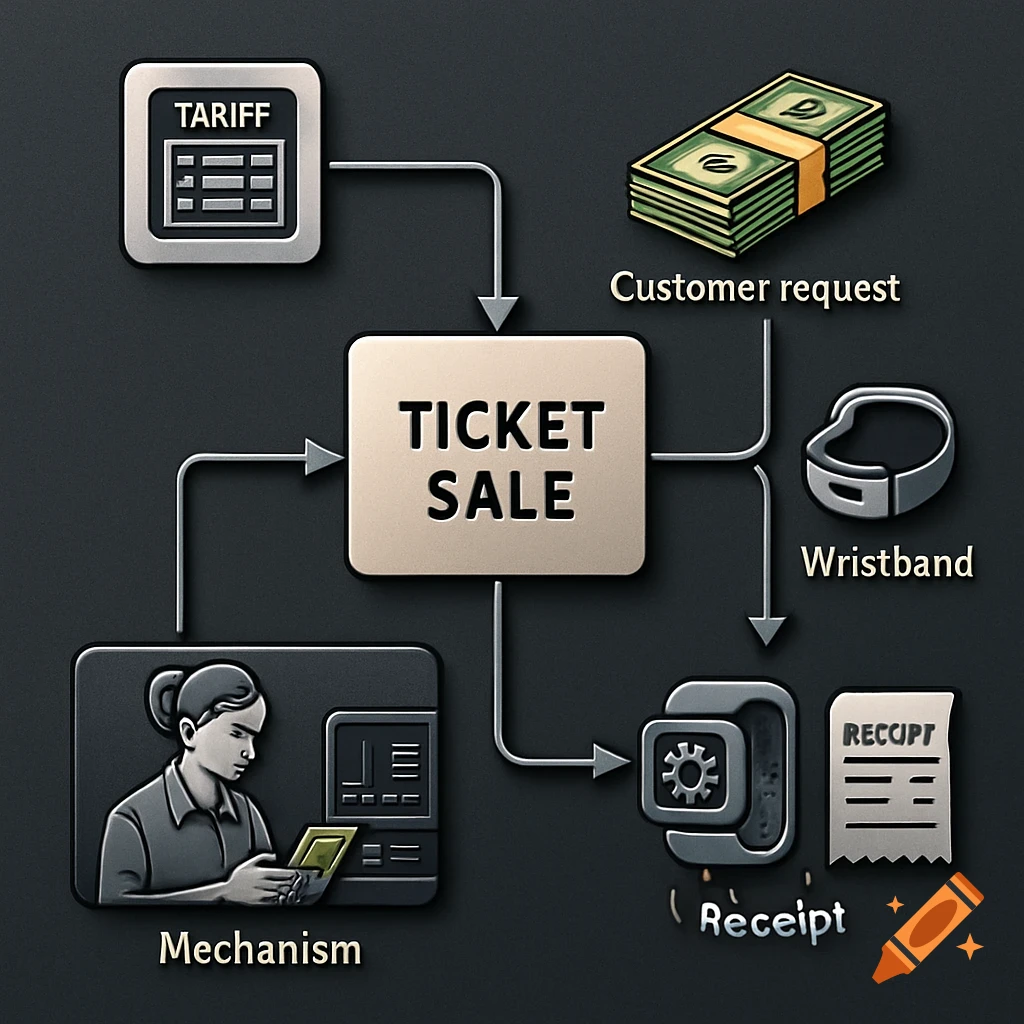 An IDEF0 process diagram illustrating a ticket sale, showing inputs like tariff and customer request, outputs like a wristband and receipt, and mechanisms involving a cashier.