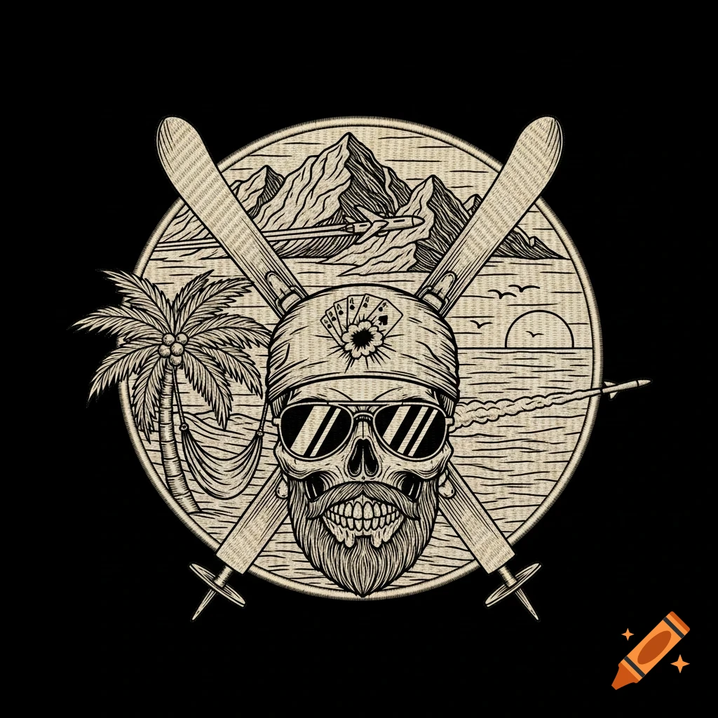 Monochrome graphic design of a bearded skull in sunglasses and a bandana, with crossed skis, set against a circular emblem of mountains and a beach sunset.