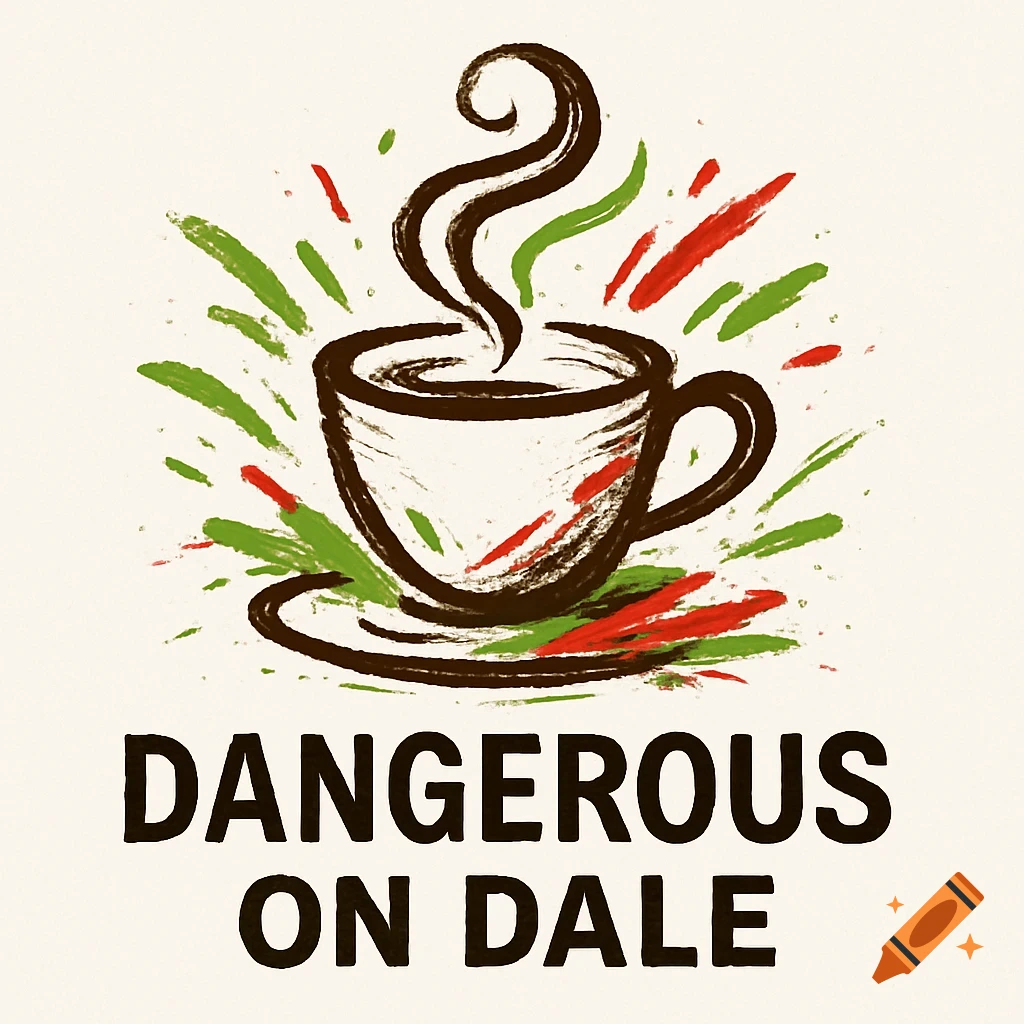 A logo for Dangerous on Dale, featuring a hand-drawn coffee cup with steam and colorful brush strokes in brown, green, and red.
