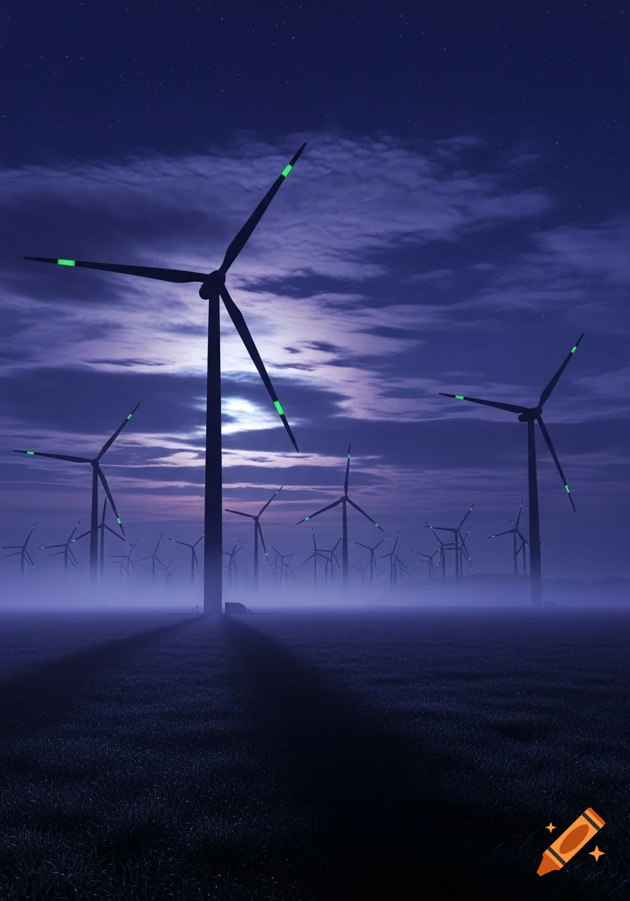 A wind farm at night under a starry, cloudy purple sky, with green lights on the turbine blades and a misty field.
