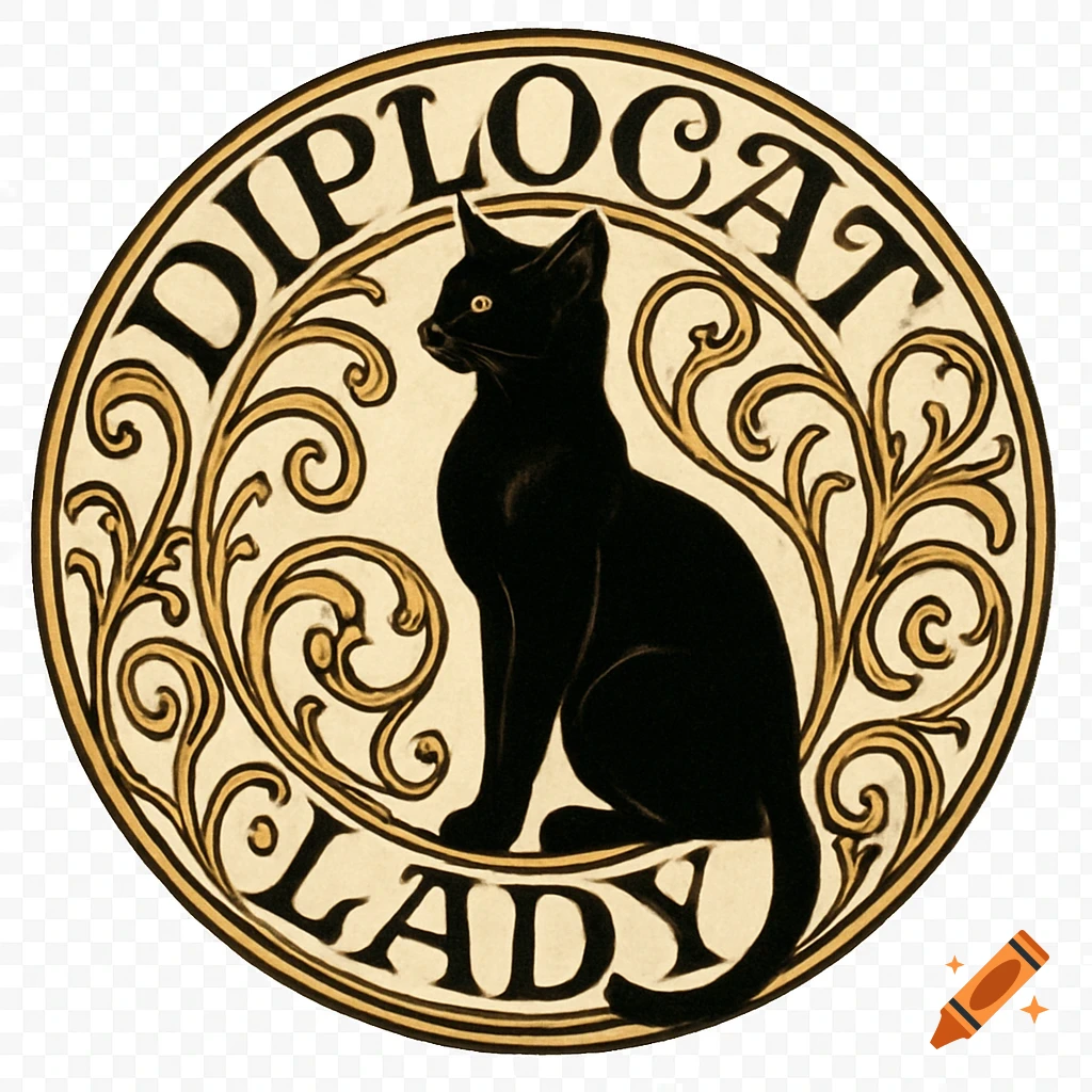 A black cat sits within a gold and cream Art Nouveau circular emblem with the words DIPLOCAT LADY.