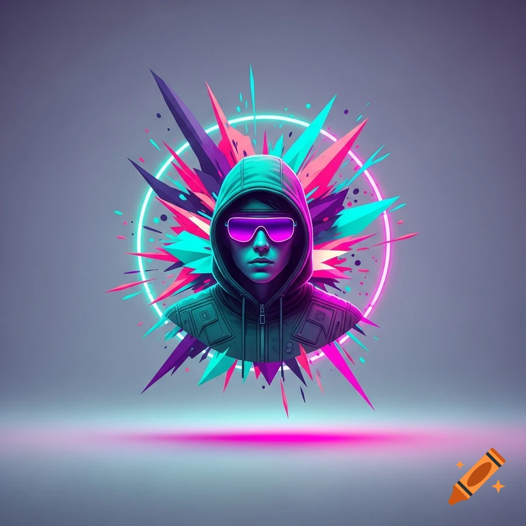 Bust of a person in a hoodie and neon sunglasses, surrounded by vibrant abstract geometric shapes and a glowing ring.