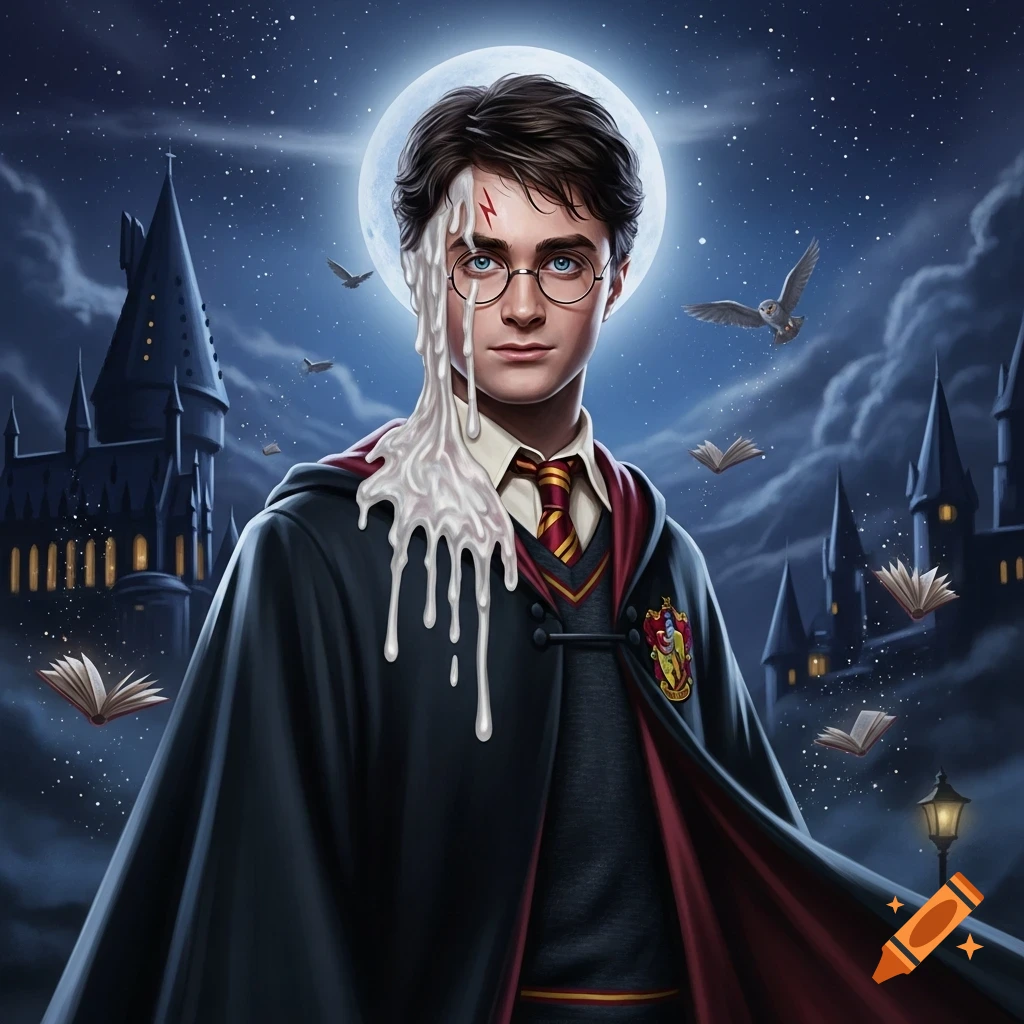 Illustrative portrait of Harry Potter with white melted wax dripping from his forehead, set against a dark, starry night with Hogwarts castle and a full moon.