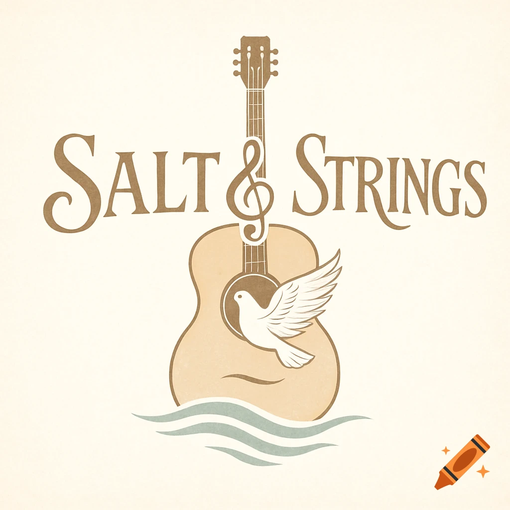 A logo featuring an acoustic guitar with a white dove in its soundhole, a treble clef as the neck, and the words 'SALT & STRINGS' above it, with stylized waves below.